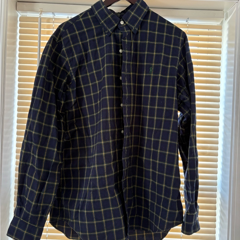 Ralph Lauren Men's Dark Blue and Yellow Plaid Shirt